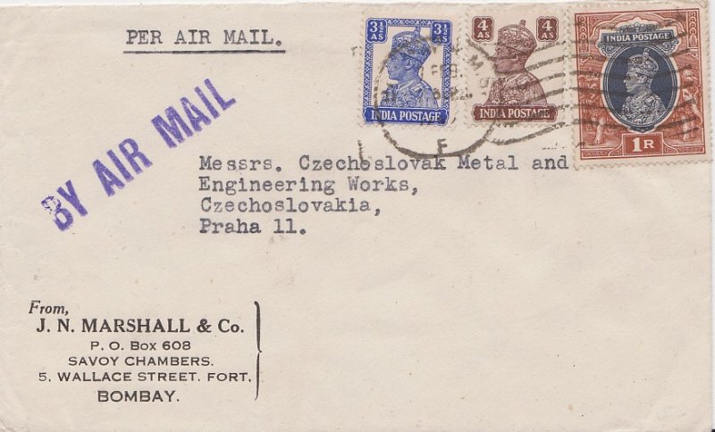 India 3 1/2a, 4a and 1R KGVI 1947 Bombay, R.M.S. Airmail to Prague, Czechoslo...