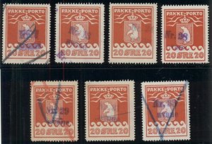 GREENLAND Group of 7 AVANE CANCELS on 20ore Pakke Portos (Q6), VF