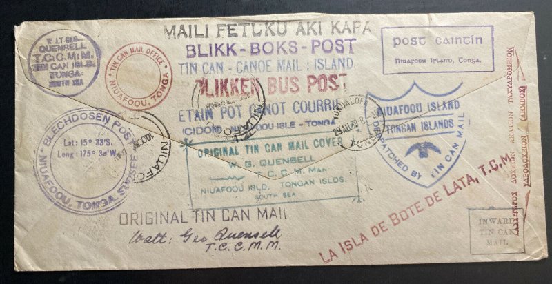 1938 Suva Fiji Navigation Co Tin Can Canoe Mail cover To Niuafoou Tonga Toga