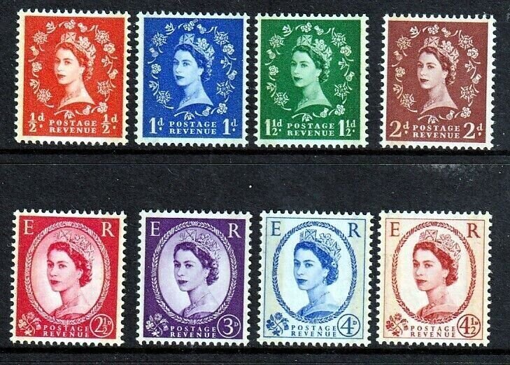 GB QEII 1959 Phosphor Graphite Wildings Full set of 8 SG599-609 U/M Cat £100