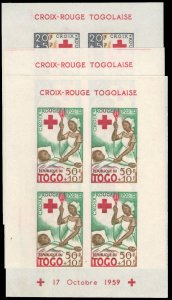 Togo #B12a-B14a Cat$15, 1959 Red Cross, set of three imperf. souvenir sheets,...