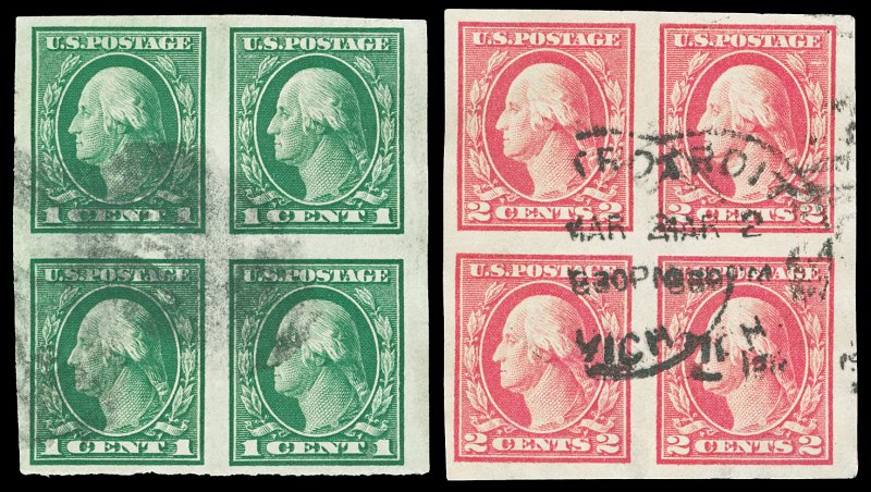 Scott 481-482 1916 1c & 2c Washington Imperf Blocks of 4 Used VF Cat $10.50