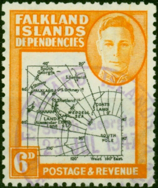 Falkland Is Dep 1946 6d Black & Orange SGG6a 'Gap in 80th Parallel' V.F.U