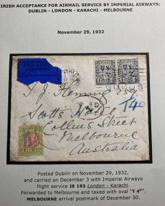 1932 Dublin Ireland Early Airmail Pístate Due Cover To Melbourne Australia