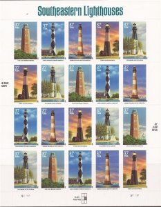 US Stamp - 2003 Southeastern Lighthouses 20 Stamp Sheet #3787-91