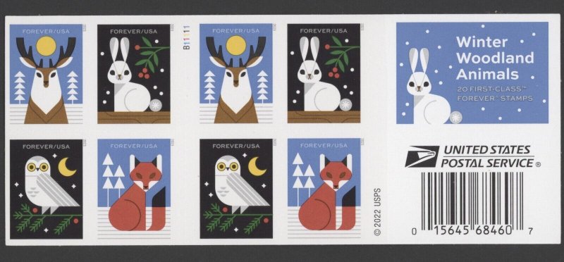 2023 US  Sc# 5825b Winter Woodland Animals Booklet Pane of 20 Forever Stamps MNH