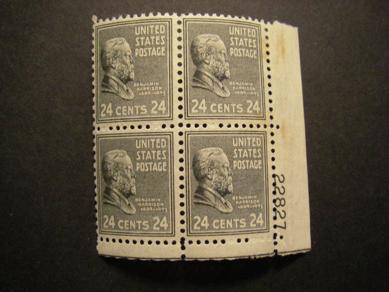 Scott 828, 24c Benjamin Harrison, PB4 #22827 LR, MNH Prexie, disturbed gum