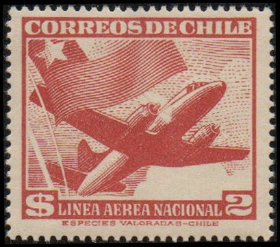 Chile C159 - Mint-NH - 2p Plane / Chilean Flag (unwmk) (1951) (cv $0.55)