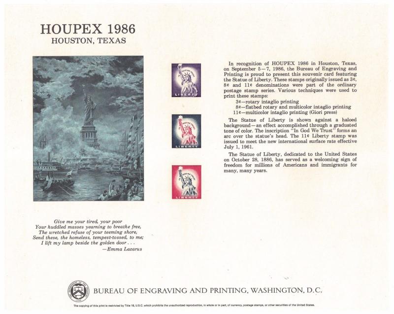 {BJ Stamps} BEP B-97 Souvenir Card Houpex 1986, unused w/envelope