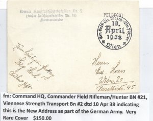 WW2: German Feldpost: HQ Field Rifleman/Hunter Bn #21 1938 (see descrip) (M6394)