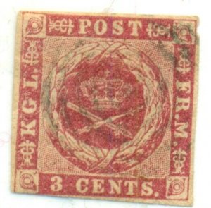 DANISH WEST INDIES #1a (1b) 3¢ carmine, yellow gum used w/ring cancel Scott $275