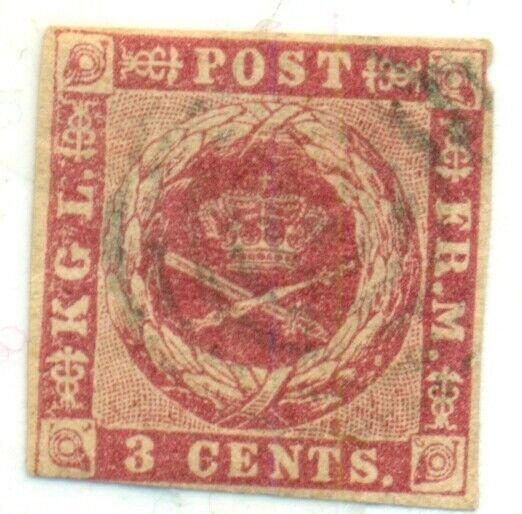 DANISH WEST INDIES #1a (1b) 3¢ carmine, yellow gum used w/ring cancel Scott $275