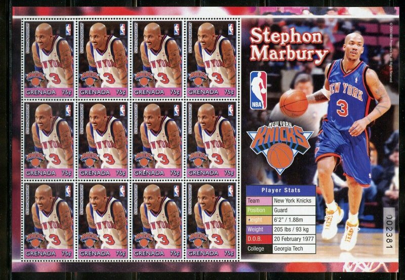 GRENADA STEPHON MARBURY BASKETBALL  SHEET  OF TWELVE  MINT NH 