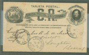 Costa Rica UY 1890 0 cent message Half. Used San Jose to England transit and arrival cancels.