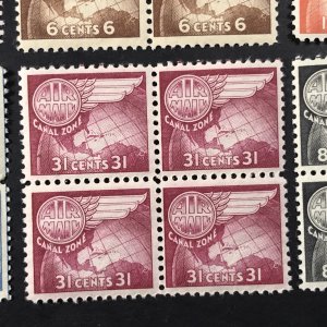 U.S.-CANAL ZONE # C21a-C26a-MNH-AIR-MAIL-WET PRINT-COMPLETE SET/BLOCKS OF 4-1951