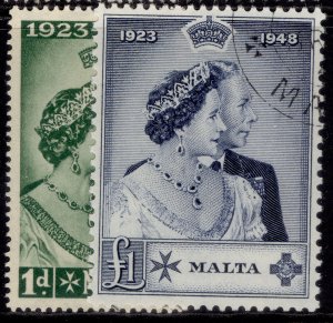 MALTA GVI SG249-250,  1949 ROYAL SILVER WEDDING set, FINE USED. Cat £50.