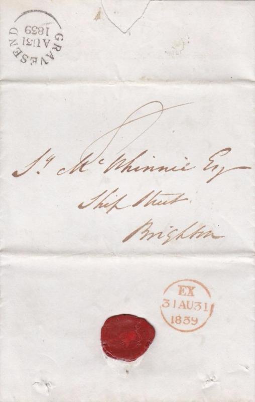 Gravesend to Brighton, 1839, Stampless Folded Letter, (15827)