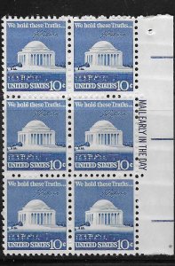 US#1510 Jefferson Memorial  10c Mail early Block of 6 (MNH) CV$1.50