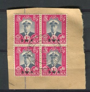 SOUTH WEST AFRICA; 1940s early GVI SWA issue fine used 1d. Block on piece