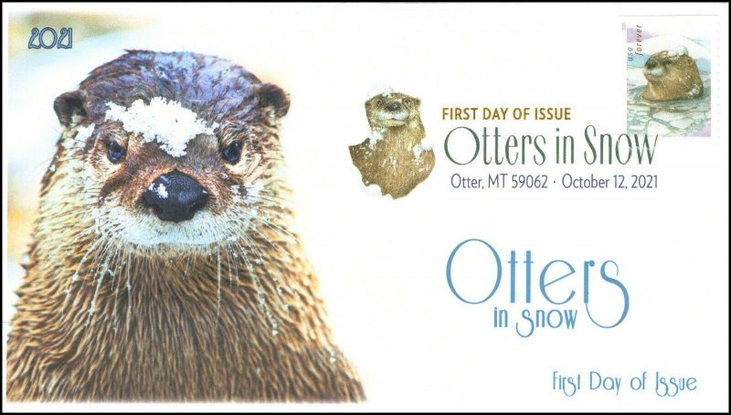 21-287, 2021, Otters in Snow, First Day Cover, Digital Color Postmark, Otter MT