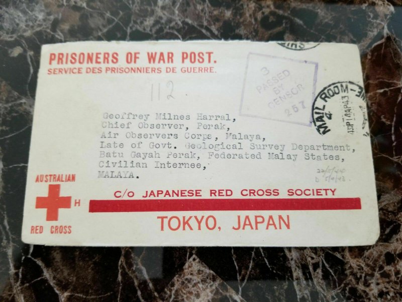 1943 Australia to Malaya Japan POW Prisoner of War Camp Cover GM Harral Air obse