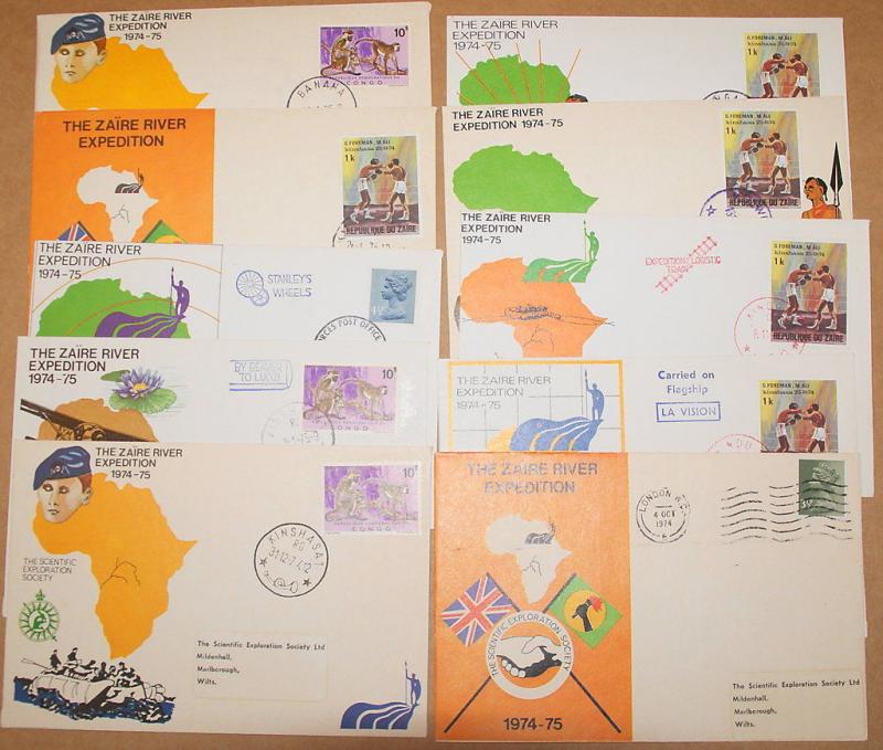 Collection of 10 different cacheted covers - 1974-1975 Zaire River Expedition