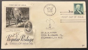 PAUL REVERE 25¢ POSTAGE #1048 APR 18 1958 BOSTON MA FIRST DAY COVER (FDC) BX4