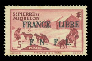 St. PIERRE & MIQUELON  1942  FRANCE LIBRE ovpt.  Dog Sled  5c  Sc#225 mint MH