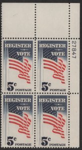 SC#1249 5¢ Register & Vote Plate Block: UR #27847 (1964) MNH