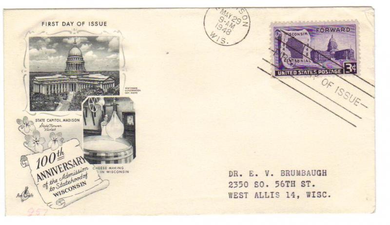 US #957 3c Wisconsin FDC Artcraft Cachet freak cxl ECV $4.50