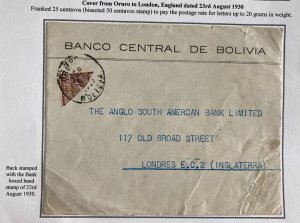 1930 Oruro Bolivia Central Bank Bisect Stamp Cover To London England