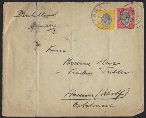 BRITISH TANGANYIKA 1929 FRANKED SG 94 95 BY PRIVATE BAG TO GERMANY VERTICAL FOLD