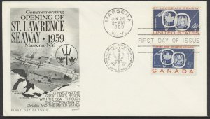 1959 #1131 St Lawrence Seaway FDC Fleetwood Cachet Massena NY + Canada #387