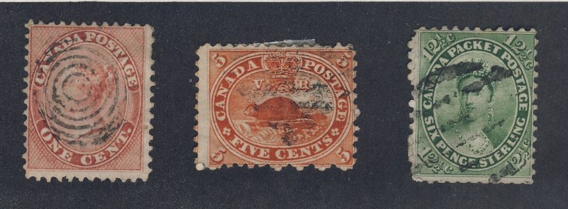 3x Early Canada Used Stamps # 14-1c #15-5c #18-12 1/2c Guide Value = $140.00
