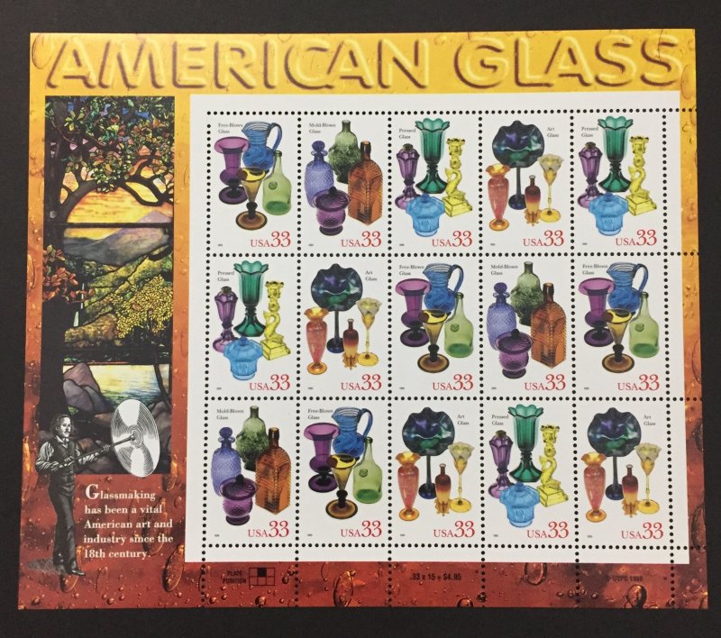 U.S. 1999 #3325-8 Sheet, American Glass, MNH.
