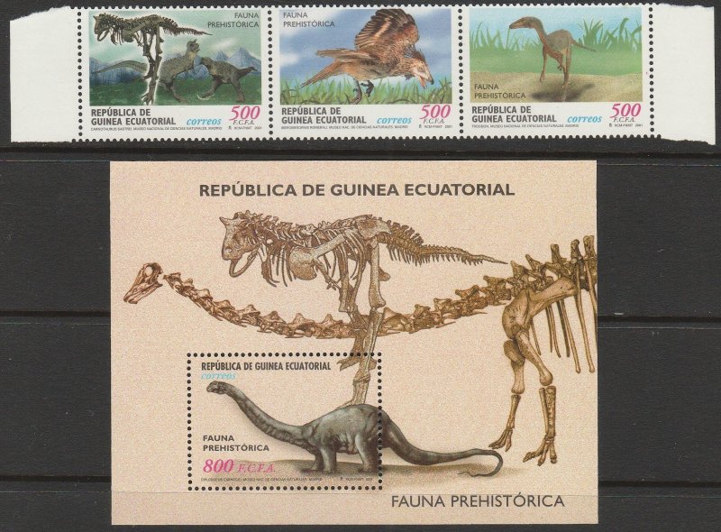 EQUATORIAL GUINEA 244-245, DINOSAURS. STRIP OF 3+SOUV. SHEET, MNH. VF. (121)