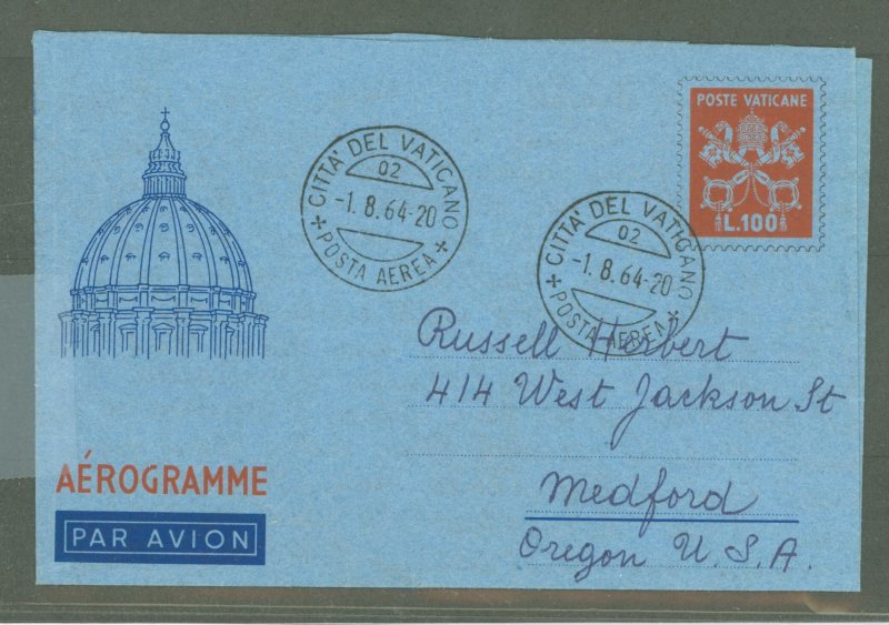 Vatican City  1964 L100 Orange Red Aerogramme. Commercial use. Long message.