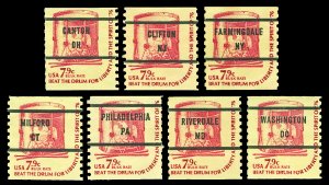 Scott 1615 7.9c Americana Coil Seven Diff Precancel Cities