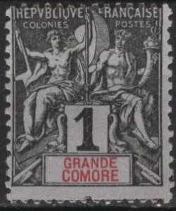 Grand Comoro #1 (used?) 1c navig. & commerce, black on lilac blue paper (1897)