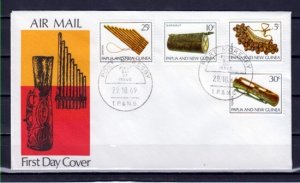 Papua New Guinea, Scott cat. 293-296. Native Music Instruments. First day cover.