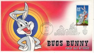 AO-3137–4, 1997, Bugs Bunny First Day Cover, Add-on Cachet, Looney Tunes, Pictor