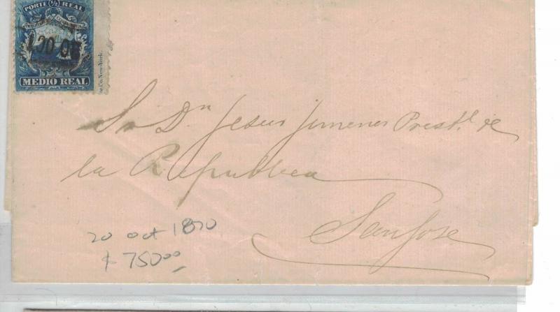 Costa Rica 1/dR blue on Cover 20 Oct 1870 Cancel to USA (1bep)