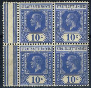 Straits Settlements 1918 10c Dp Brt Blue SG203 V.F MNH Interpane Block of 4