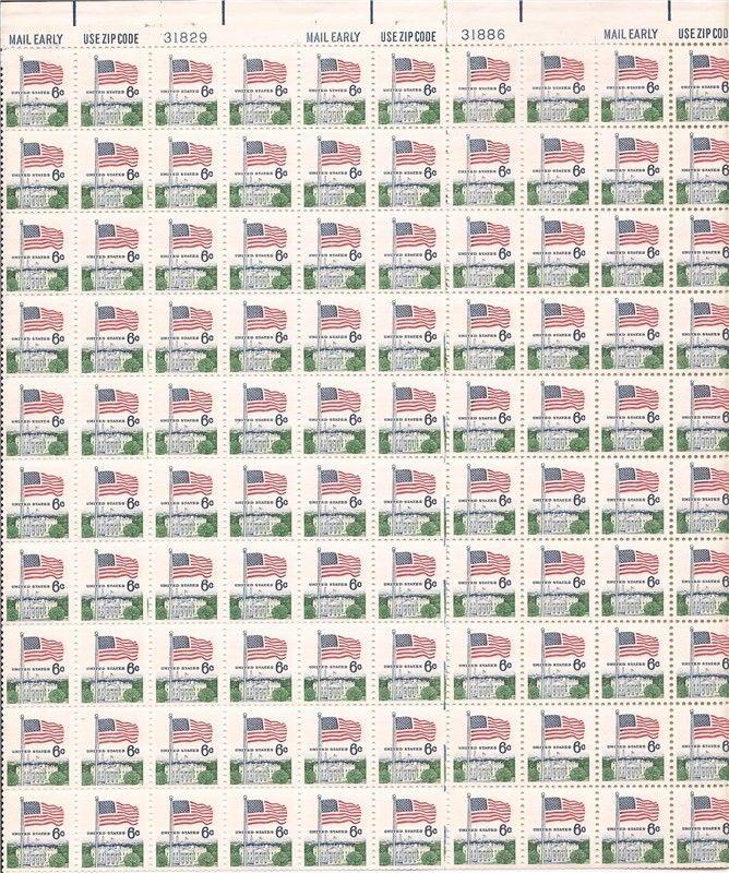 US Stamp - 1970 6c Flag & White House - 100 Stamp Sheet - Scott #1338D