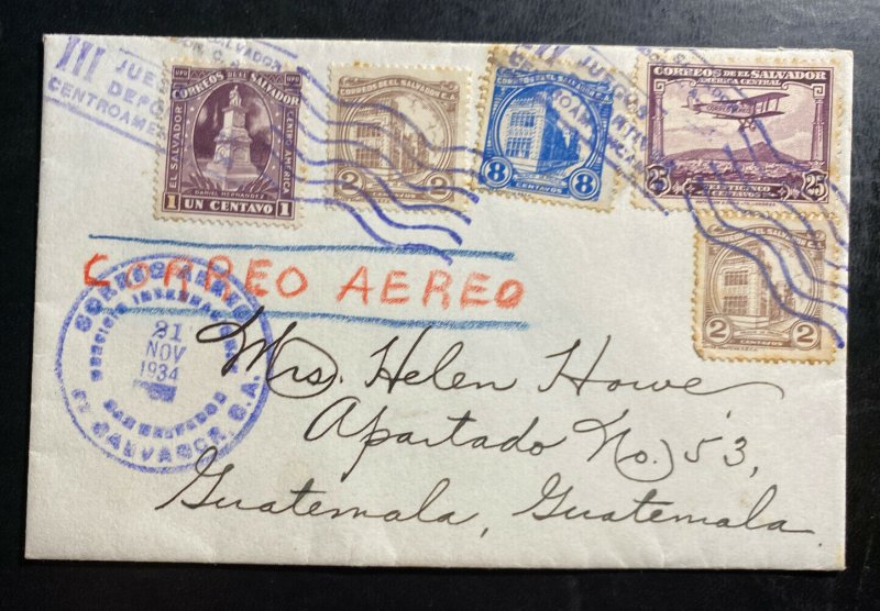 1934 El Salvador American Legion Airmail Cover to Guatemala III Sport Games Canc 