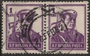 Romania 1030 (postally used pair) 1L sailor, purple (1955)