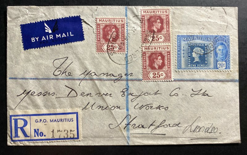1949 Mauritius Bank Of India Airmail Commercial Cover To London England 