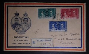 1937 Hong Kong First Day Cover FDC King George VI Coronation to Kowloon KG6