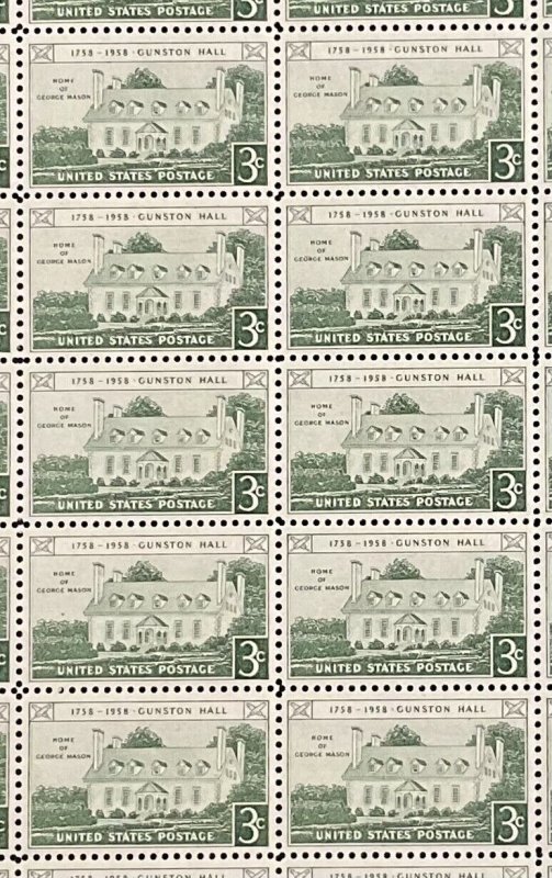 1108   Gunston Hall, Virginia - George Mason MNH 3 cent sheet of 50   1958