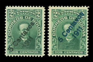 BOLIVIA 1911 Eliodoro Camacho - Blk & Blue Surc. 5c on 2c green Sc# 95+95d  mint